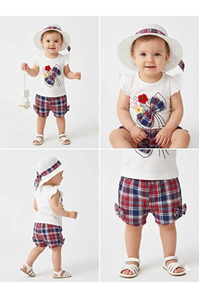 Mariposa Secret 9/24 Month Baby Set with Straw Hat and Embroidered Shorts