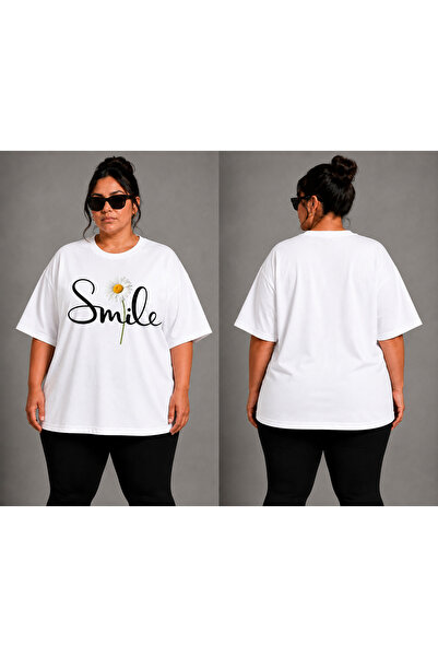 VODEXA Women's Oversize T-Shirt Smi̇les Printed 100% Cotton T-Shirt Large Siz...