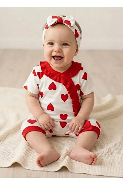 AKİ MODA KİDS Baby Girl Heart Ruffle Bandana Jumpsuit