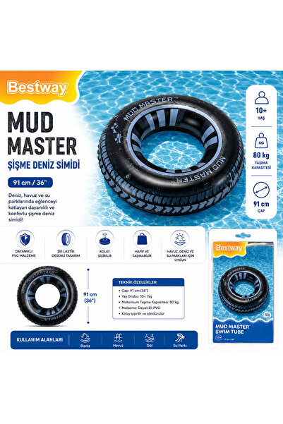 BESTWAY Mud Master Şişme Deniz Simidi 91 cm – Dayanıklı Yüzme ve Deniz Simidi