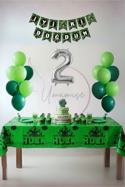 Umamiçe Hulk Themed 2Nd Birthday Party Set – Tablecloth + Banner + 2 Number B...