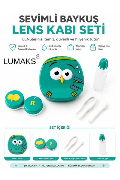 LUMAKS Sevimli Baykuş Lens Kabı Seti Yeşil | Aynalı Lens Saklama Kutusu ve Le...