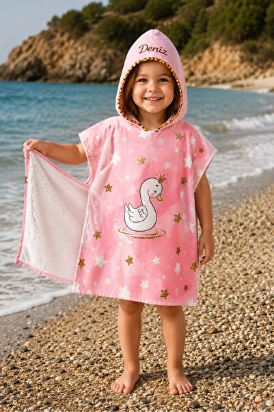 minilee children's happiness Kuğu Prensesi - İsimli Çocuk Kapşonlu Panço Havlu – Deniz, Havuz ve Banyo Bornoz Pançosu 2-8 Yaş