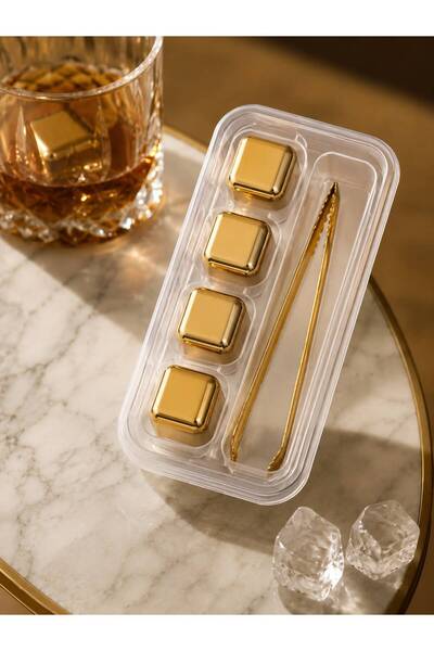 HB LİFE Premium Gold Stainless Steel Whiskey Stone Set – 4 Steel Ice Cubes + ...