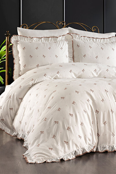 Nazik Home Serena Bow Embroidered Cotton Satin Single 4-Piece Duvet Cover Set