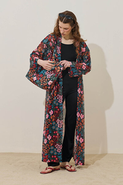 Fahhar Renkli Floral Desen Pareo Kimono Siyah