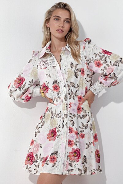 Hiccup MSN Floral mini shirt dress with lace detail