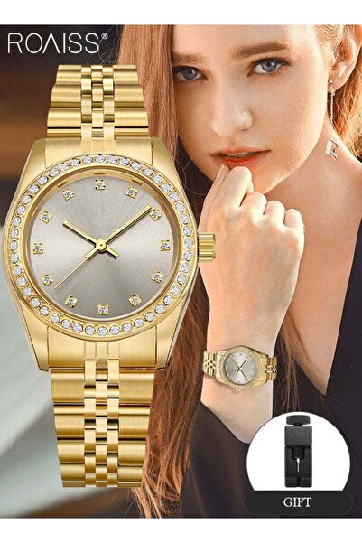 ROAISS Women's Steel Strap Quartz Watch Round Dial Rhinestones Decorated Beze...