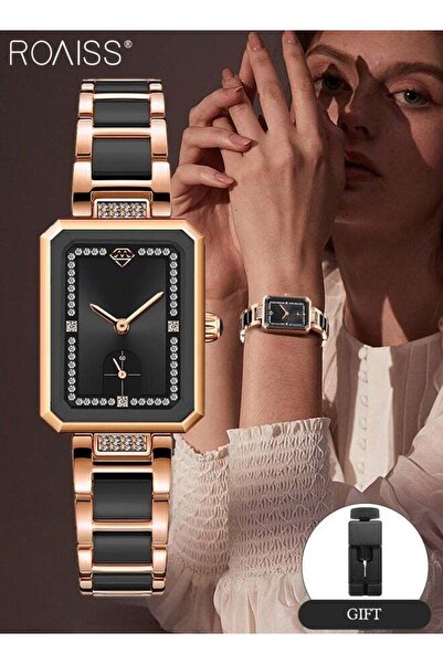 ROAISS Women's Ceramic Strap Quartz Watch Rectangle Black Dial Rhinestone Dec...