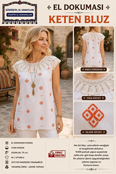 GÜMÜŞTEL EL SANATLARI Handwoven Linen Blouse 100% Handcrafted