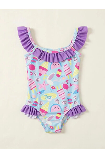 kidstalya Ice Cream Patterned Ruffle Sleeve Girls' Swimsuit