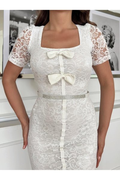 1Moda1Tarz Women's Imported Lace Fabric Belted Bow Detailed Lined Special Design Midi Dress