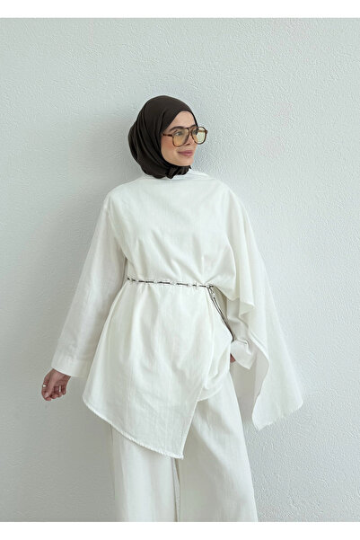 MODA AKSA 5479 FULAR DTY KETEN TUNİK BEYAZ