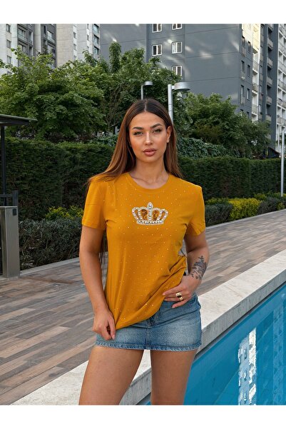 RICH GLAM Tricou de damă din bumbac, muștar, cu mânecă scurtă, cu dantelă, cr...