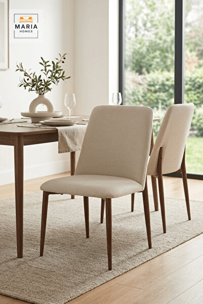 MARIA HOMES Beige Upholstered Dining Chair with Wood Print Legs for Home Dini...