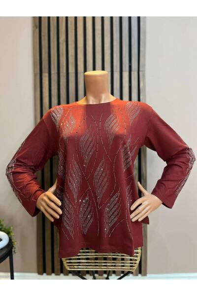 AKMAVİ Women's Middle Age and Above Stone Embroidered Leaf Patterned Mother's...