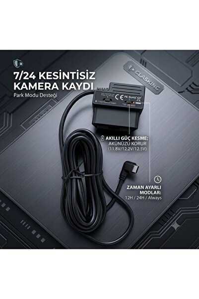 ClasKing Araç Kamerası OBD Park Modu Kablosu Type-C - 12V/24V Akü Koruma ve Z...