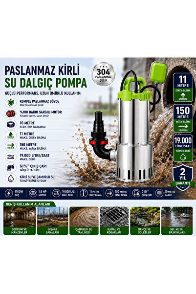 OPTIVEX 1100W 1.5HP Paslanmaz Kirli Su Dalgıç Pompa
