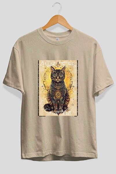 Ankhises For the Love of Cats 97 Front Cat Printed Beige Oversize T-Shirt 100...