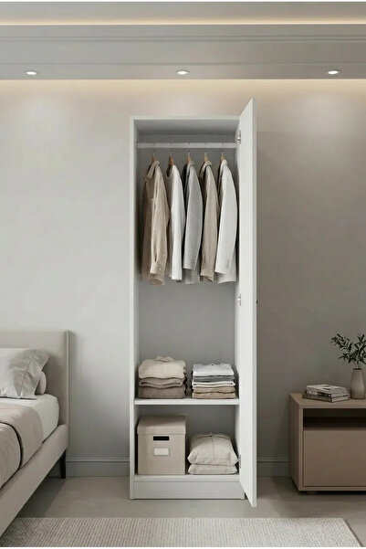 wode studio 180 CM BOY 1 KAPAKLI BEYAZ GARDIROP 180-45-45 BORUKTOLU MODELİ