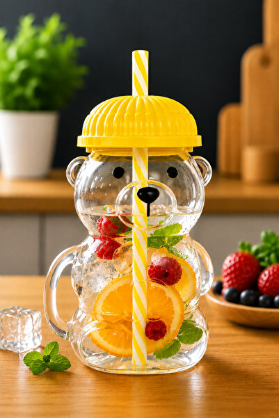 Roccos Teddy Bear Cup 450 ml Glass Mug with Lid and Straw, Drink Cup with Bea...