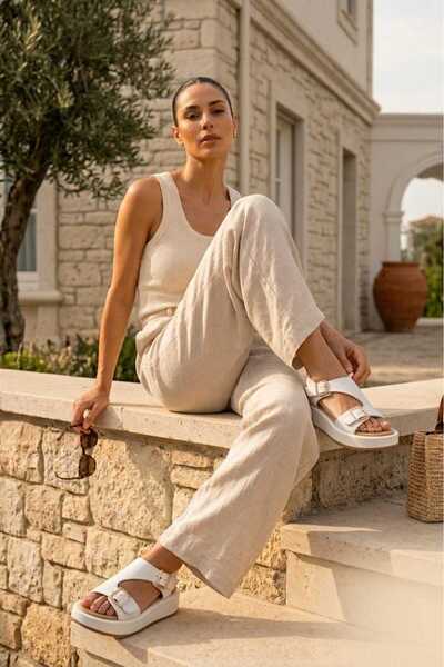 EREN SHOES BAG DOMİNİK Sandale de damă din piele naturală, albe, cu curea reg...