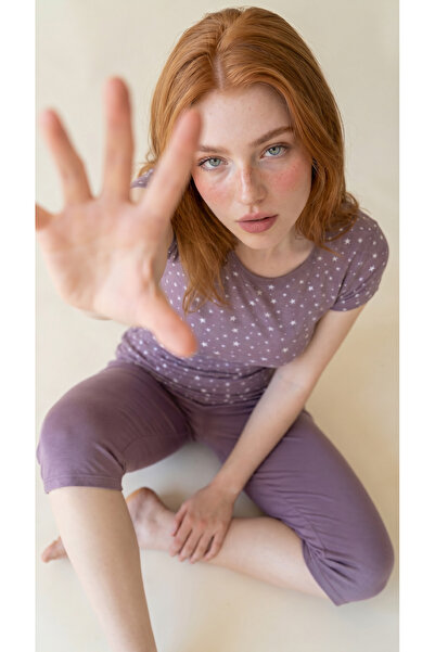 Arzey Lilac Star Patterned Viscose Short Sleeve Capri Set