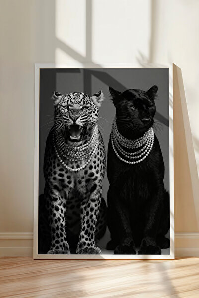 hello solaris Leopar ve Panter - Beyaz Çerçeveli Poster - Hayvan Temalı Duvar...