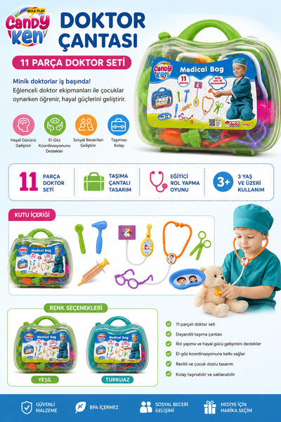 DEDE Candy Ken Doktor Çantası 11 Parça Oyuncak Doktor Seti – Taşıma Çantalı E...