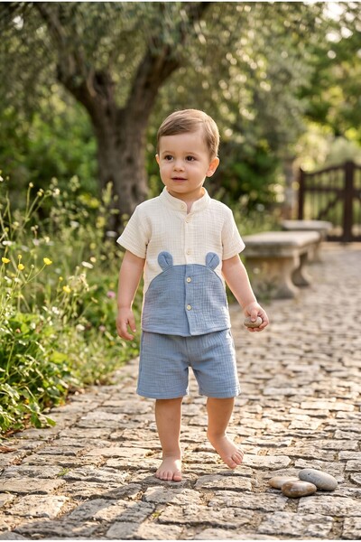 Golden Baby Kids Erkek Çocuk Müslin Takım Kulak Detaylı Gömlek Şort Takımı Ya...