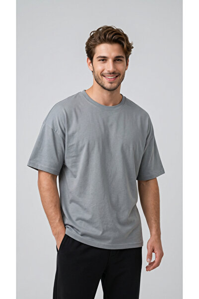 BADESSA Men's Gray Oversize Crew Neck Comfortable Fit Relaxed T-Shirt