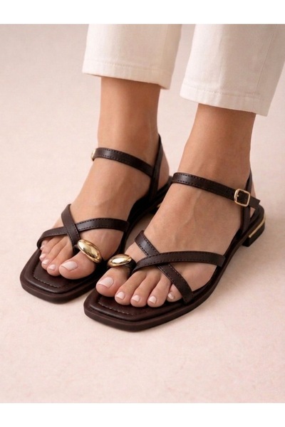 RMY SHOES Women's Brown Flip-Flop Sandals with Stone Detail and Ankle Buckle ...