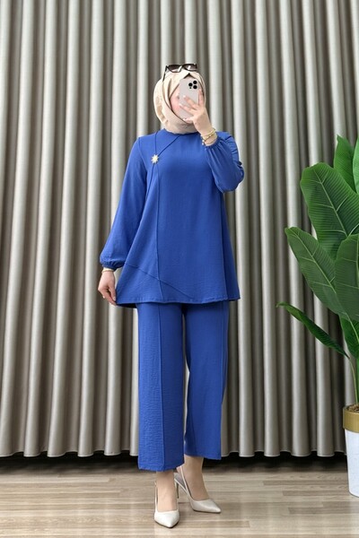 Generic Brand Sevi̇l Takim Blue Crepe Fabric Women's Suit with Detailed Acces...