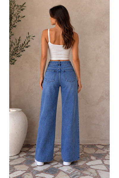 By Caspita Fashion Lenithra Women's High Waist Palazzo Wide Leg Loose Denim Jean Without Lycra