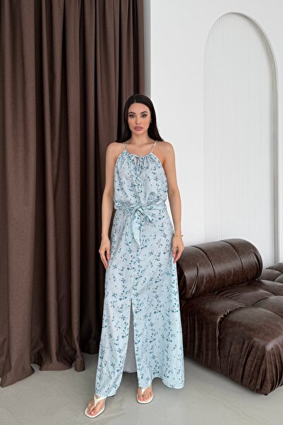 Serica Moda Blue Adjustable Collar Tie-Front Patterned Long Dress