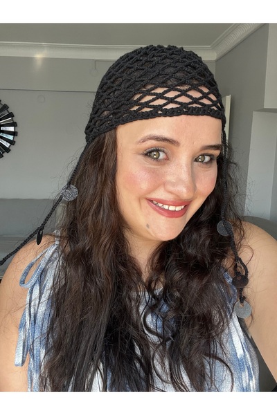 GUVDİN El Yapımı Örgü Bohem SİYAH File Yazlık Bere, Yazlık Şapka, Bandana, To...