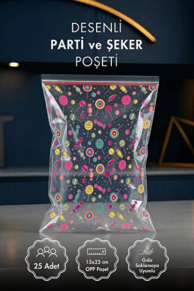 Bimotif 25li Bantlı ve Desenli Şeker, Draje Poşeti, Şeffaf OPP Poşet, 13x23cm...