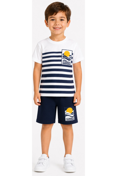 İrem Çocuk Giyim Boy's Summer Written Stripes Color Gradient T-Shirt and Elas...