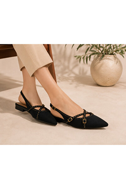 Ventes Kadın Sivri Burun Çapraz Bantlı Gold Tokalı Slingback Babet