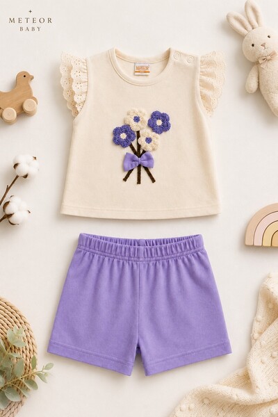 METEOR BABY Baby Girl Set Kids - Floral Embroidered Ruffle Sleeves - Summer S...