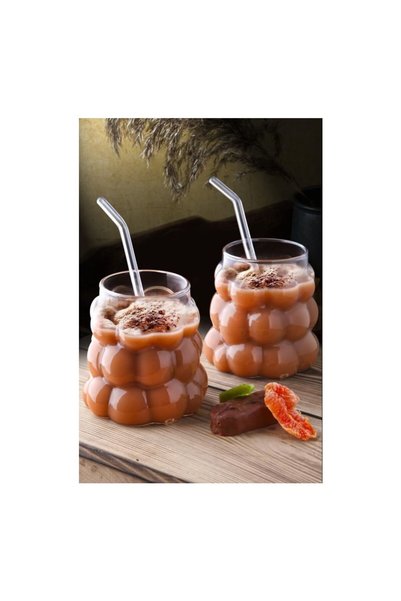Reis Home Grape Patterned Handleless Heat Resistant Borosilicate Bead-Shaped Cup |   Coffee and Presentation Cup with Glass Straw - Gift Included