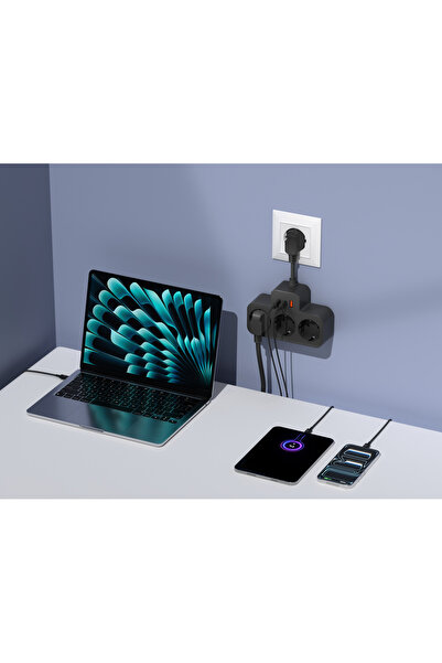 S-LINK PRZ07 Siyah 3 Soketli 15mm 1 Usb 2 Type-C PD20W 1050 Joule Tam Bakır Kablolu Akım Korumalı Priz