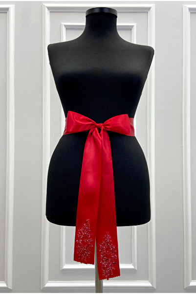 ZEYMERADE Red Bridal Sash, Crystal Glass Beads Embellished Bridal Ribbon, Bri...