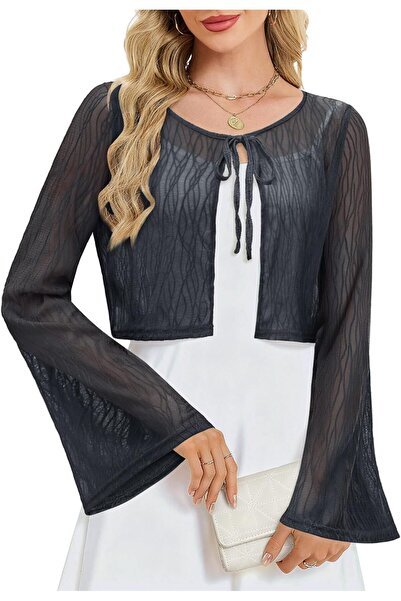 OEM Cardigan de damă din dantelă cu model - jachetă elegantă, lejeră, gri-alb...