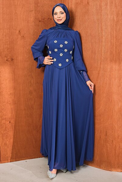 İmajButik Saks Blue Stone Embroidered Bustier Evening Dress