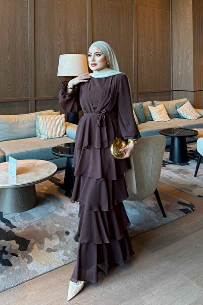 İmajButik Brown Layered Skirt Evening Dress
