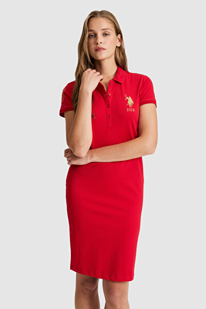 U.S. Polo Assn. Rochie tricotată mini pentru femei, roșie, cu guler polo 5029...