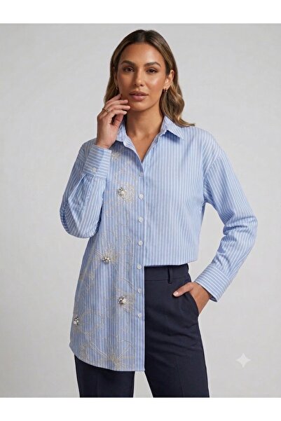 Moda İlgi MODAİLGİ Mavi Çizgili Işlemeli OversizeGömlek 10057
