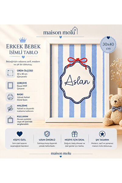 Kişiye Özel Erkek Bebek İsimli Çerçeveli Tablo 30x40 cm - Bebek Odası Dekorasyonu ve Yenidoğan Hediyesi