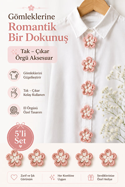 NEHOLİA El Örgüsü Gömlek Ceket Aksesuarı 5'li Set Çiçek Broş Tak Çıkar Düğme ...